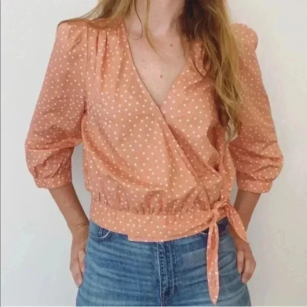 Madewell Wrap Top Women’s Pink Star Scatter Puff Sleeve V Neck Cropped Size XXS
